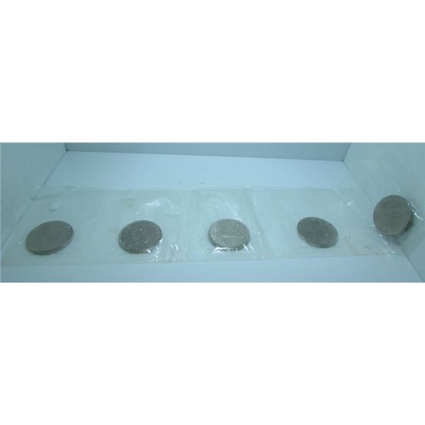 5 x 1968 Canadian Nickel Dollars In Plyo-Film Package From The Royal Canadian Mint