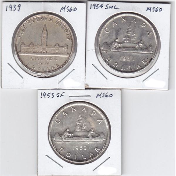 3 Canadian Silver $1 Dollar Coin - All MS 60