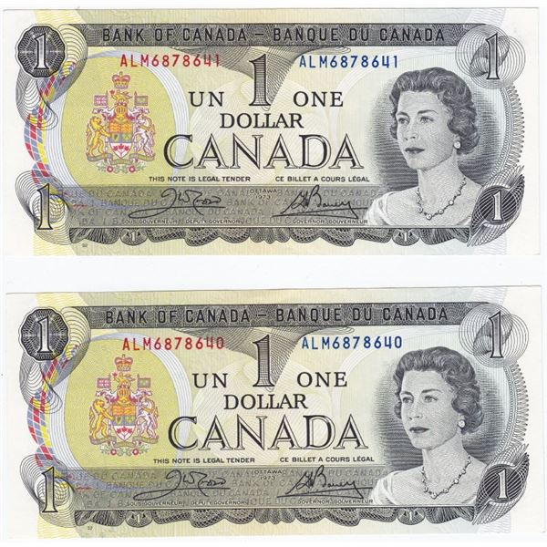 1973 Bank Of Canada $1 One Dollar Bank Notes - 2 Consecutive Serial Numbers - "ALM" Series