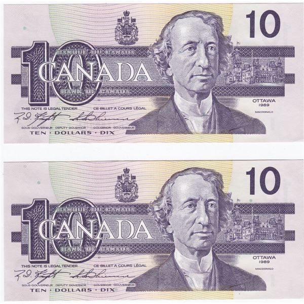 2 Consecutive 1989 Bank Of Canada $10 Bank Notes - Knight/Thiessen