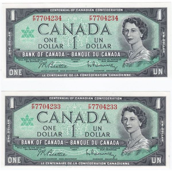 2 Consecutive 1967 Bank Of Canada $1 Bank Notes - Beattie/Rasminsky