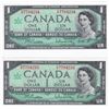 Image 1 : 2 Consecutive 1967 Bank Of Canada $1 Bank Notes - Beattie/Rasminsky
