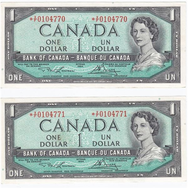 2 Consecutive 1954 Bank Of Canada Modified Portrait $1 Replacement Bank Notes