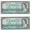 Image 1 : 2 Consecutive 1954 Bank Of Canada Modified Portrait $1 Replacement Bank Notes