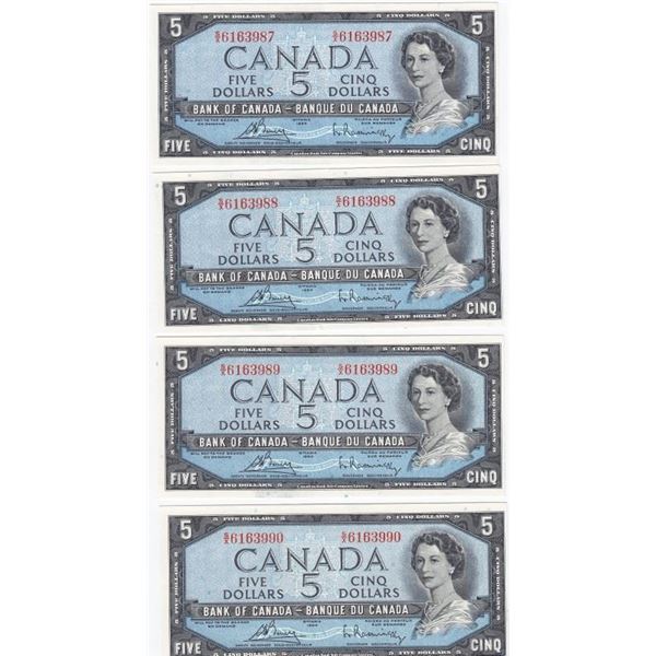 1954 Bank Of Canada $5 Bank Notes - 4 Consecutive Serial Numbers - S/X Series - All Mis-Cut