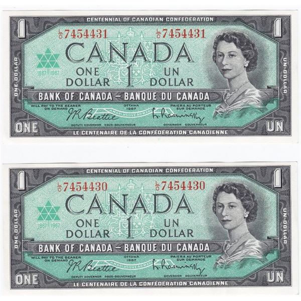 1967 Bank Of Canada $1 One Dollar Bank Notes - 2 Consecutive Serial #'s