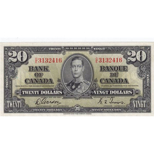 1937 Bank Of Canada $20 Bank Note - D/E Series - Gordon/Towers