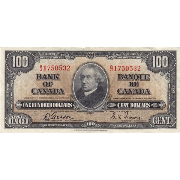 1937 Bank Of Canada $100 Bank Note - VF+