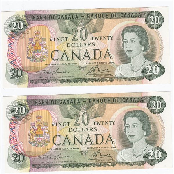 2 Consecutive 1979 Bank Of Canada $20 Bank Notes