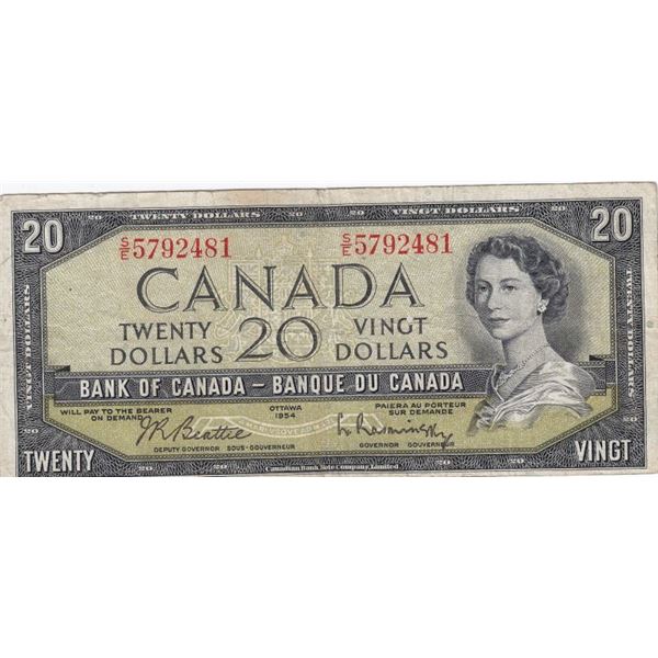 1954 Bank Of Canada $20 Modified Portrait Bank Note - Beattie / Rasminsky