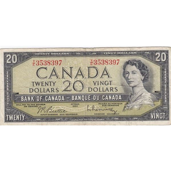 1954 Bank Of Canada $20 Modified Portrait Bank Note - Beattie / Rasminsky