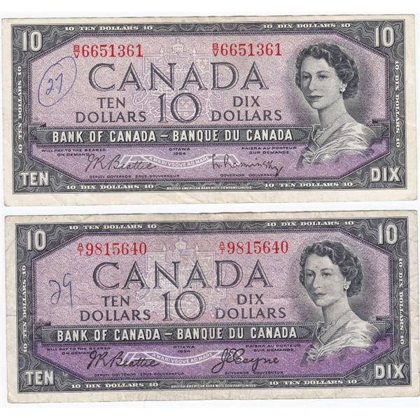 2 x 1954 Bank Of Canada $10 Bank Notes - Modified Portraits