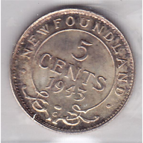 1943-C Newfoundland Canada ICCS Graded Silver 5-Cent Coin - MS-64