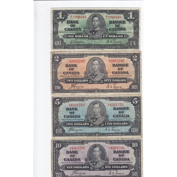 4 x 1937 Bank Of Canada Bank Notes - $1, $2, $5, $10