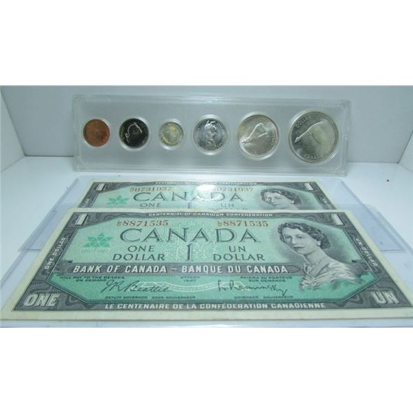 1967 Canadian Currecny Collection - 2 Bank Of Canada Notes & 1 Full Coin Set
