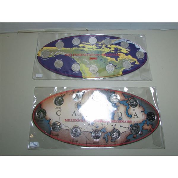 2 Canadian Millennium Quarter Collections On Original Collector Cards - 1999 & 2000