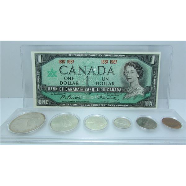 1967 Coin Set In Plastic Holder & $1 Bank Note