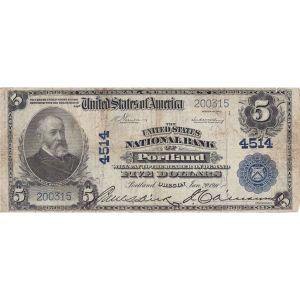 1911 Portland Oregon USA $5 National Bank Note