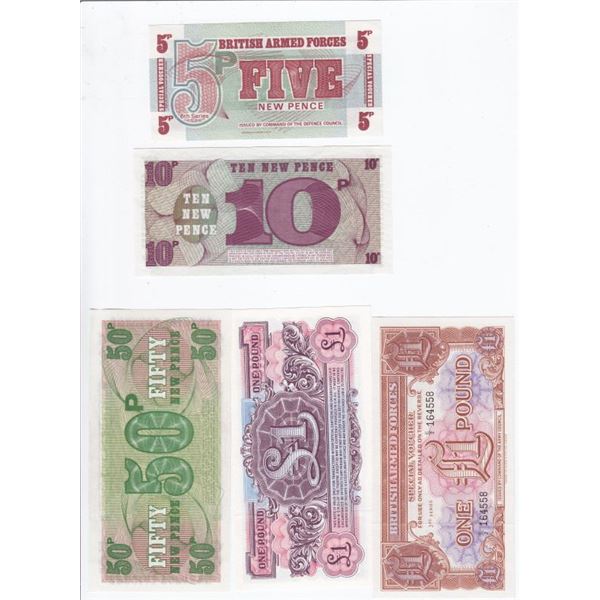 5 British Armed Forces Paper Notes - 5 Pence To 1 Pound