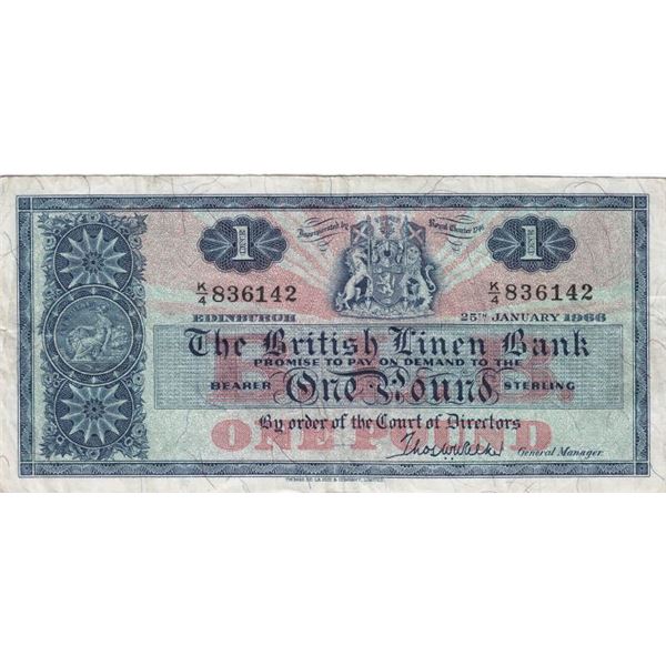 1966 Scotland - The British Linen Bank 1 Pound Bank Note
