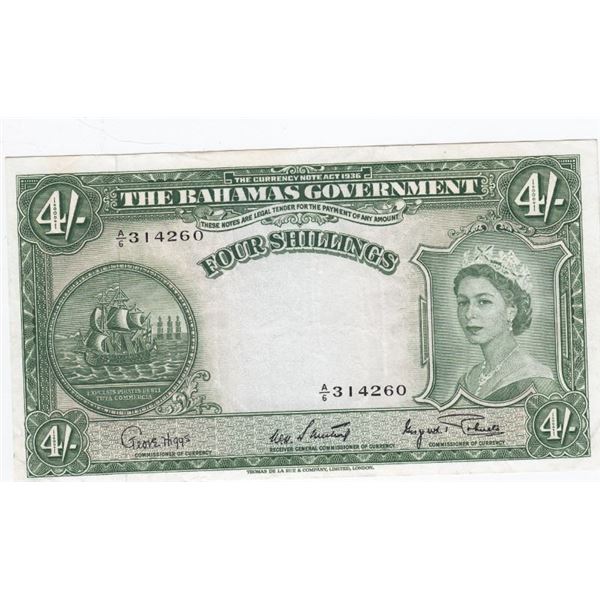 1953 Bahamas 4 Shilling Bank Note - Sweeting / Roberts - VF + To XF