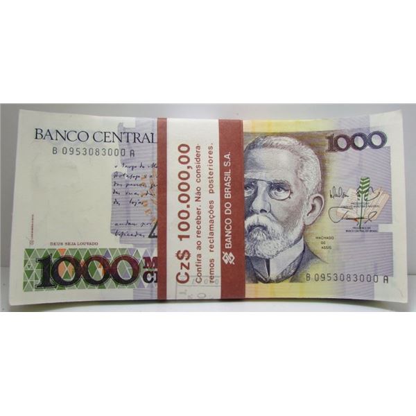 100 Consecutive Brazil Central Bank 1000 Cruzados Bank Notes (Brick) With Bank Wrapper