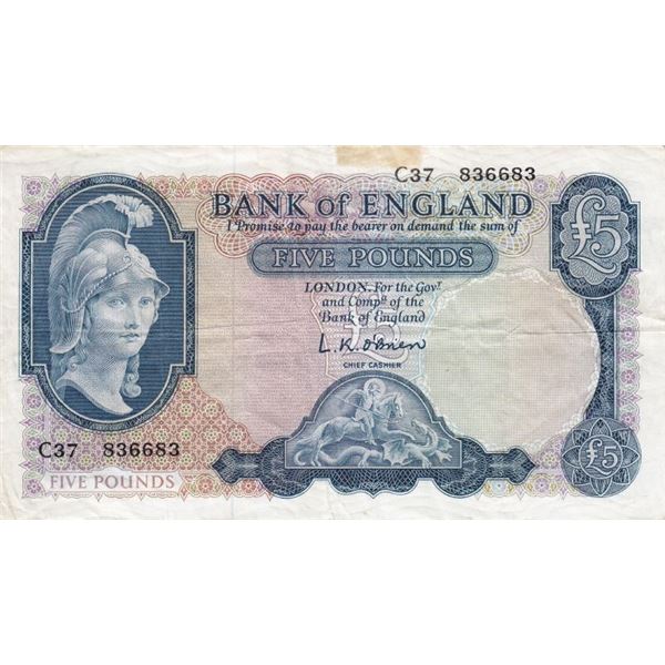 1957 - 1961 Great Britain - Bank of England 5 Pound Bank Note - VF / VF +