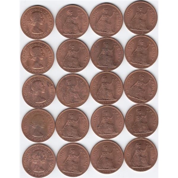 20 x 1962 UK - Great Britain - One Penny Coins (AU - UNC) -- STILL RED!!