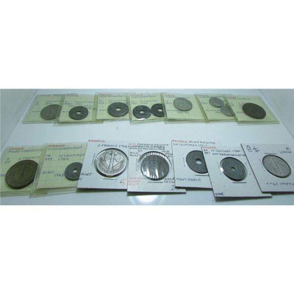 14 WW II France (Vichey) Coins -- 1939-1945