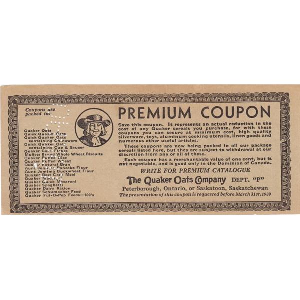 1939 Quaker Oats Premium Coupon - Cancelled