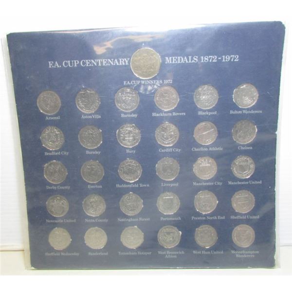 F.A. Cup Centenary Medals -- 1872-1972 - 31 English Football (Soccer) Medals On Cardboard
