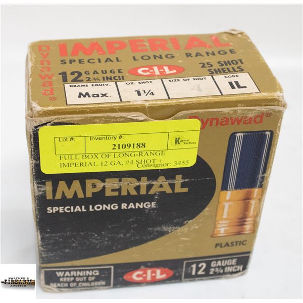 FULL BOX OF LONG-RANGE IMPERIAL 12 GA, #4 SHOT +