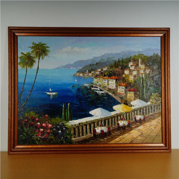 Antonio di Viccaro, Large Oil on Canvas, Mediterranean Promenade, Signed