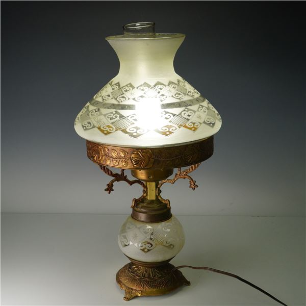 Vintage Colombian Etched Glass and Gilt Metal Table Lamp