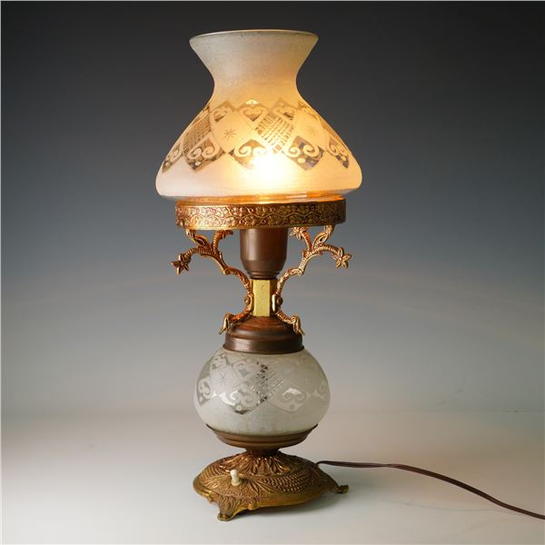 Vintage Induvidrio Colombian Table Lamp with Etched Glass Shade