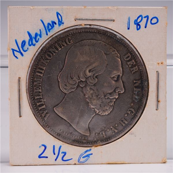 1870 Dutch Willem III Silver Two and a Half Gulden Coin