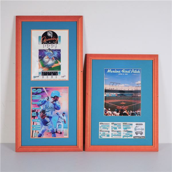 Pair of 1993 Florida Marlins Inaugural Season Framed Displays Memorabilia