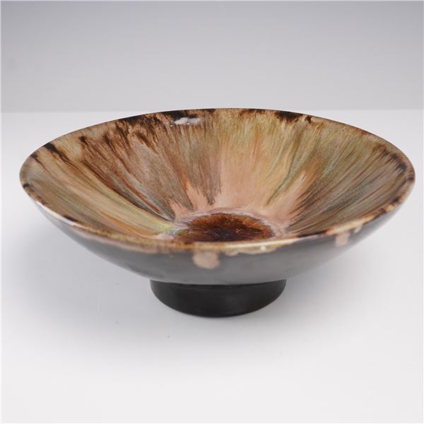 Studio Art Pottery Footed Bowl with Flowing Earth-Tone Glaze
