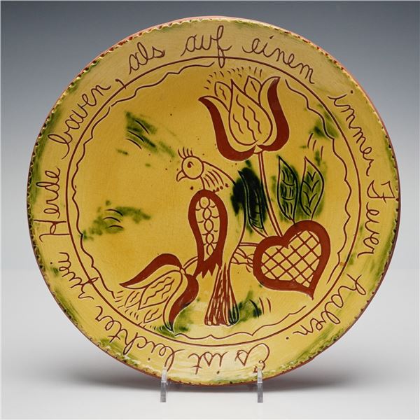 Breininger Pottery Redware Sgraffito Plate with Bird and Flowers