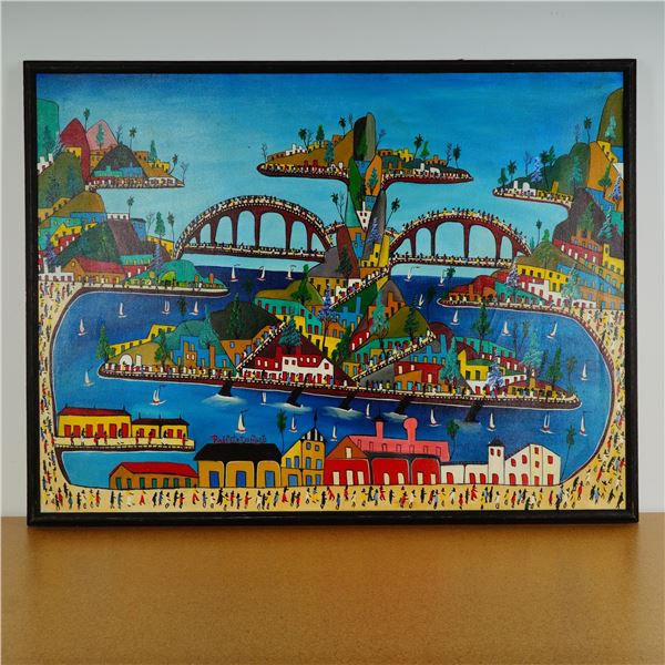 Prefete Duffaut, Original Oil on Canvas, Imaginary Haitian City, Signed