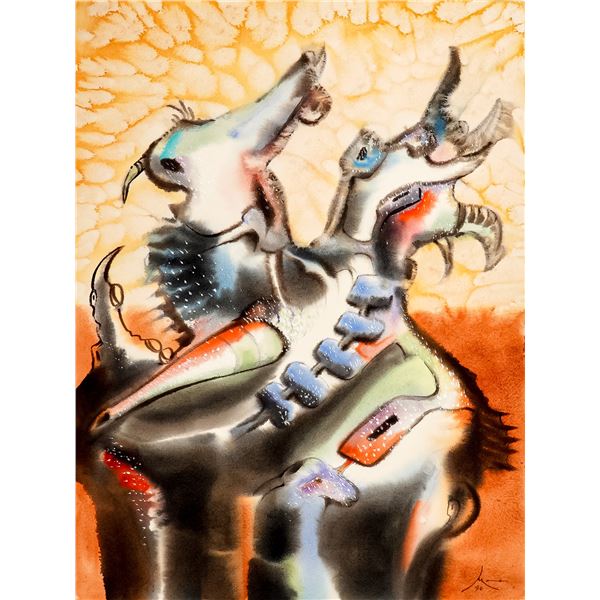 Peruvian Surrealist Watercolor & Gouache Painting on Paper Board, Signed