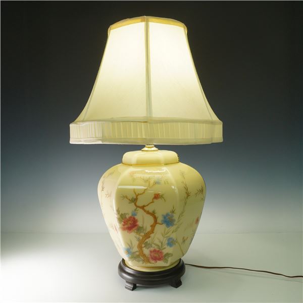 Vintage Floral Painted Glass Table Lamp Wood Base
