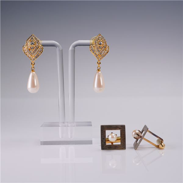 2pr Earrings & Sterling Cuff Links w/ Pearls & Rhinestones