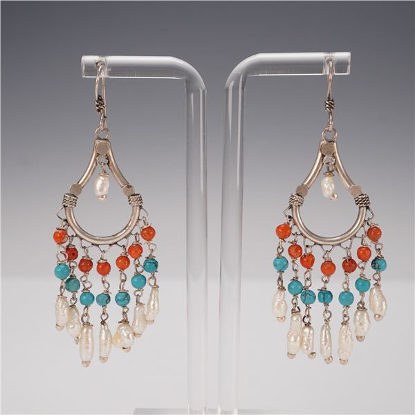925 Sterling Silver Chandelier Earrings with Coral, Turquoise, and Pearls