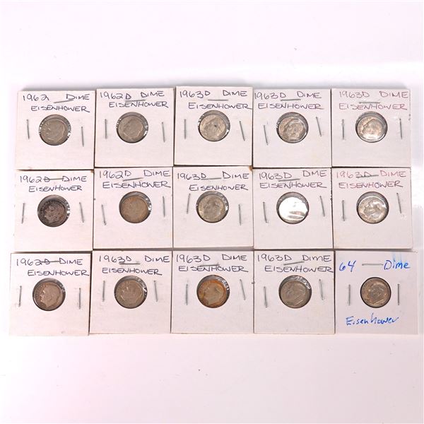 15pc 1962-1964 Roosevelt Dime Collection Silver Coins