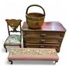 Image 1 : Vintage Group of 4 Furnitures - includes 3-Drawers Wooden Dresser/Antique Chinese Basket/Bench & Cha