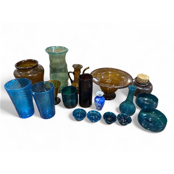 Vintage Group of Colored Glass Decor - includes amber glass Pedestal/Blue Drinking Set & More