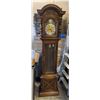 Image 2 : Tempus Fugit Grandfather Clock - Classic wooden case with carved details, Roman numeral dial, brass
