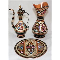 Hand Designed Copper Vase, Teapot, Plate