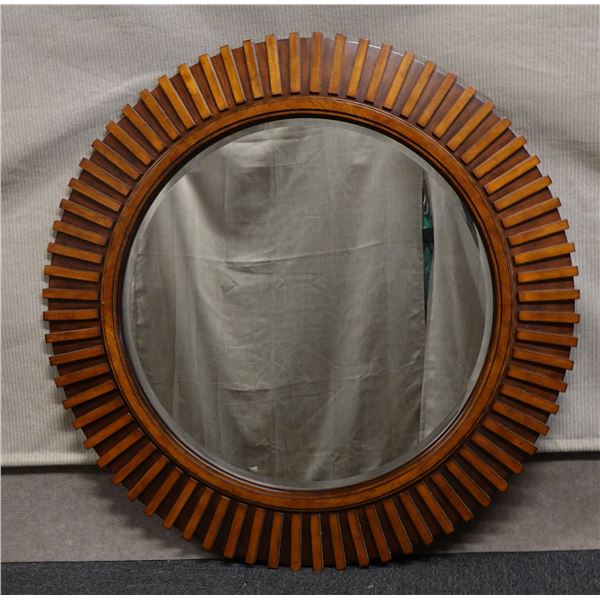 Large Round Wooden Wall Mirror w/ Slatted Design 45" Dia